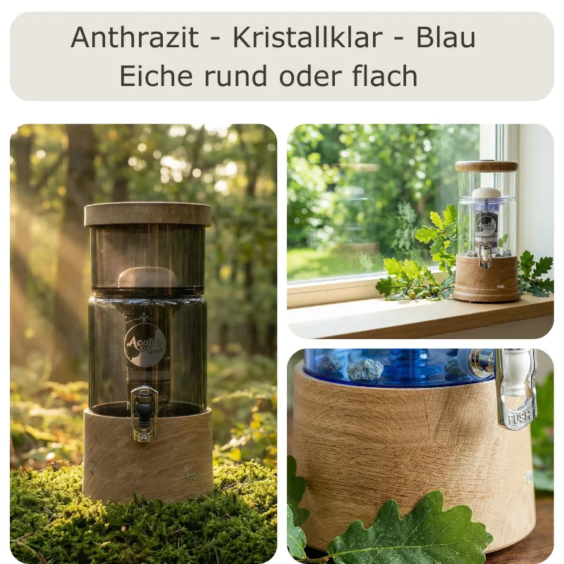 Alle Glas- und Farbvarianten des AcalaQuell Mini Wasserfilters mit Deckel und Sockel aus Eiche-Echtholz in einer Übersicht dargestellt.