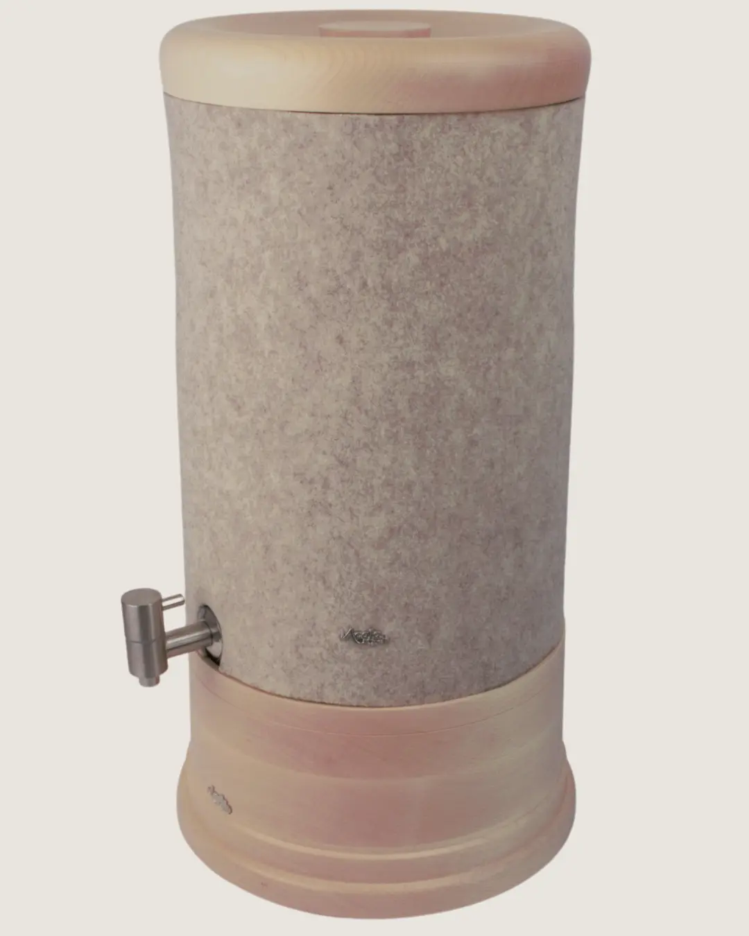 Standwasserfilter Smart von Acala mit Ahorn Echtholz Deckel und Sockel und Schurwolle Lichtschutz in beige.
