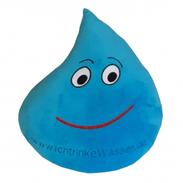 Kuschel Wassi Kuscheltier in Form eines Wassertropfens in blau, weißer Hintergrund.