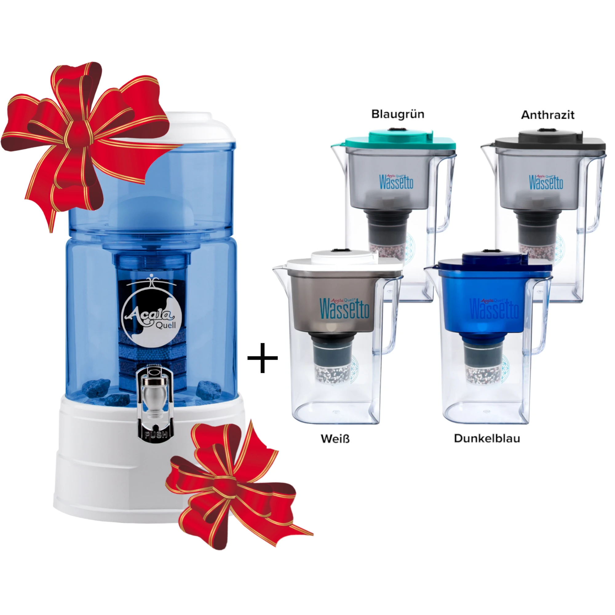 Standwasserfilter von Acala mit Glastank in blau, Deckel, Sockel und Wasserhahn in weiß. Daneben der Kannenfilter Wassetto in allen Farben. Der Filter hat zwei festliche Schleifen. Das Bild zeigt ein Weihnachtsangebot.