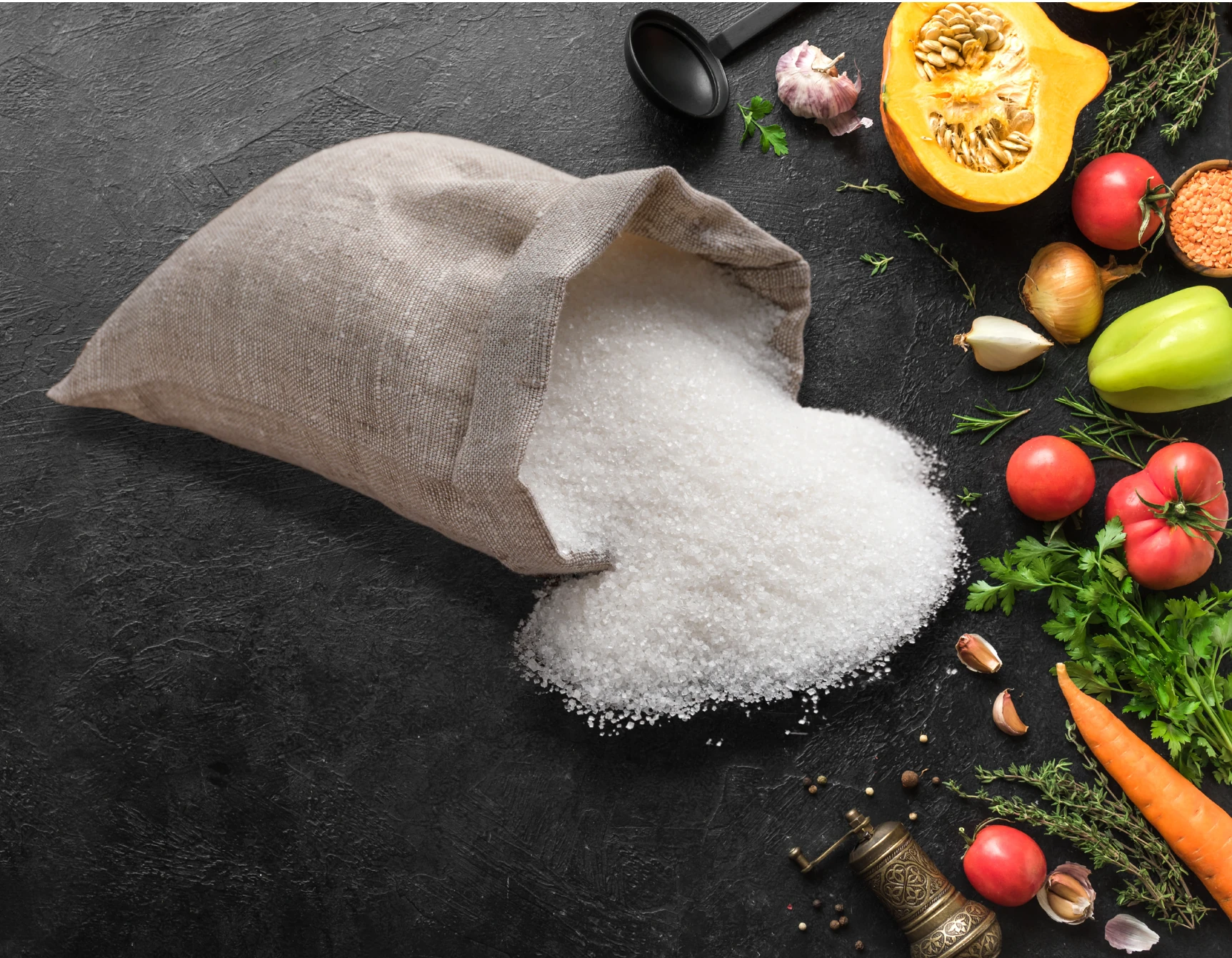 Ein dunkler tisch auf dem Gemüse und Halit Salz liegt Ein dunkler tisch auf dem Gemüse und Halit Salz liegt