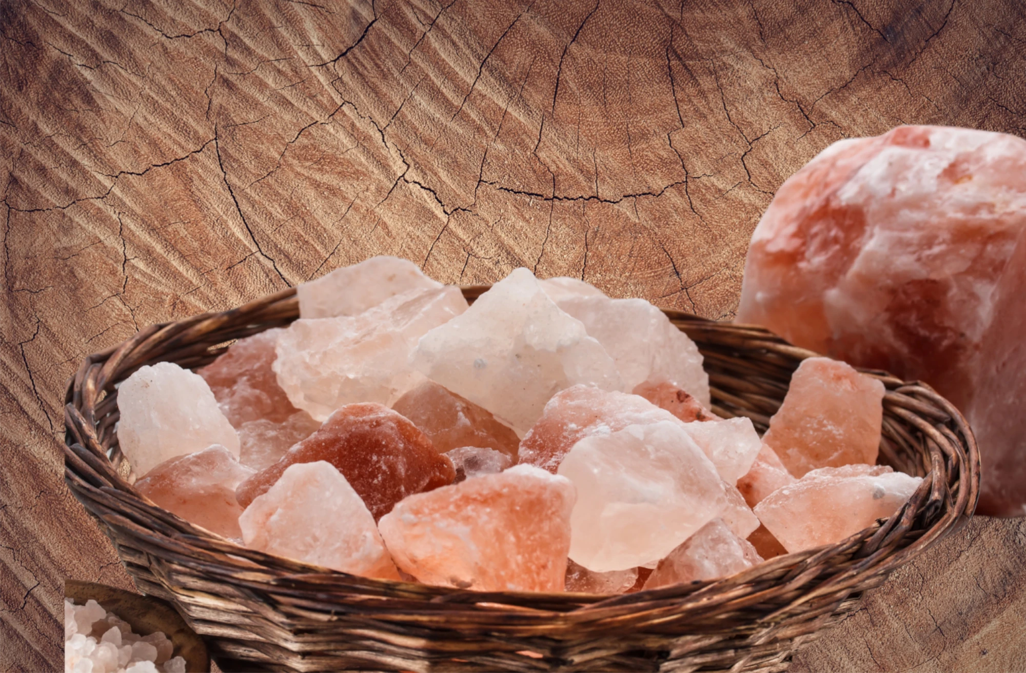 Kristall Salz Brocken 1 kg verschieden große Salzbrocken in einem dunklen Weidenkorb. Im hintergrund liegt ein noch größerer Broken Salz . ds Salz ist leicht rosa faben, wie es typisch ist dür Salz aus dem Himalaya Gebirge