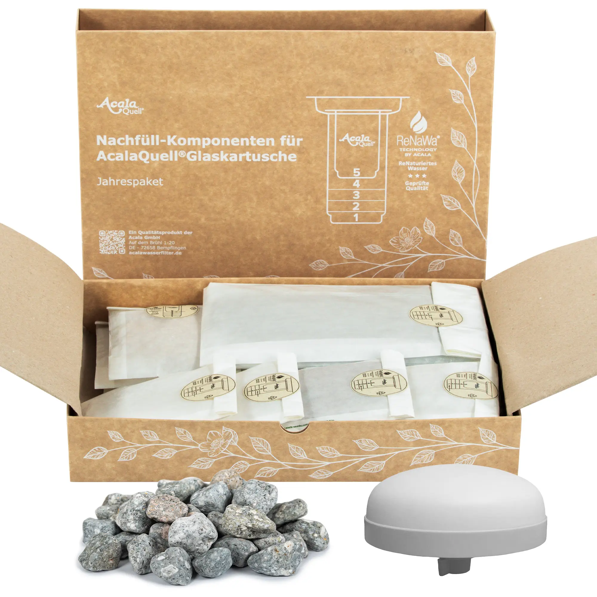 Jahrespaket Glaskartusche AcalaQuell® Mini und Midi Jahrespaket für die Acala Filterkartusche aus Glas. Ein Karton mit ReNaWa-Nachfüllkomponenten, ein Keramikfilter und Mineralsteine.