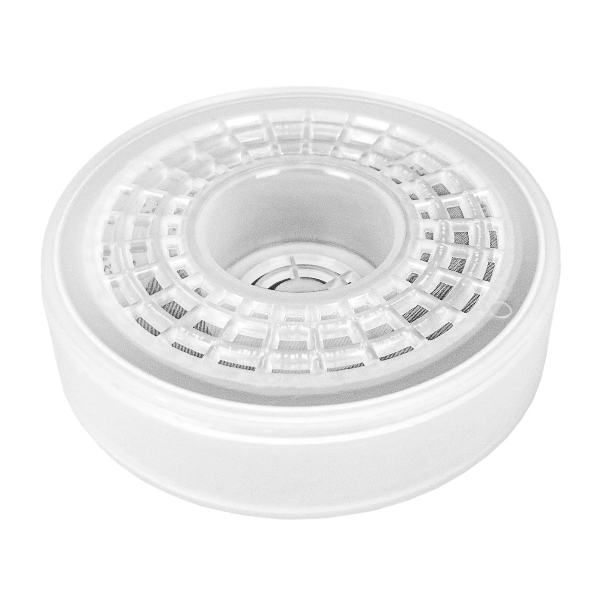 Kalk Zusatzfilter inkl. Füllung für AcalaQuell® Stand Wasserfilter Kalkfiltereinsatz gefüllt mit schwarzem Granulat vor weißem Hintergrund.