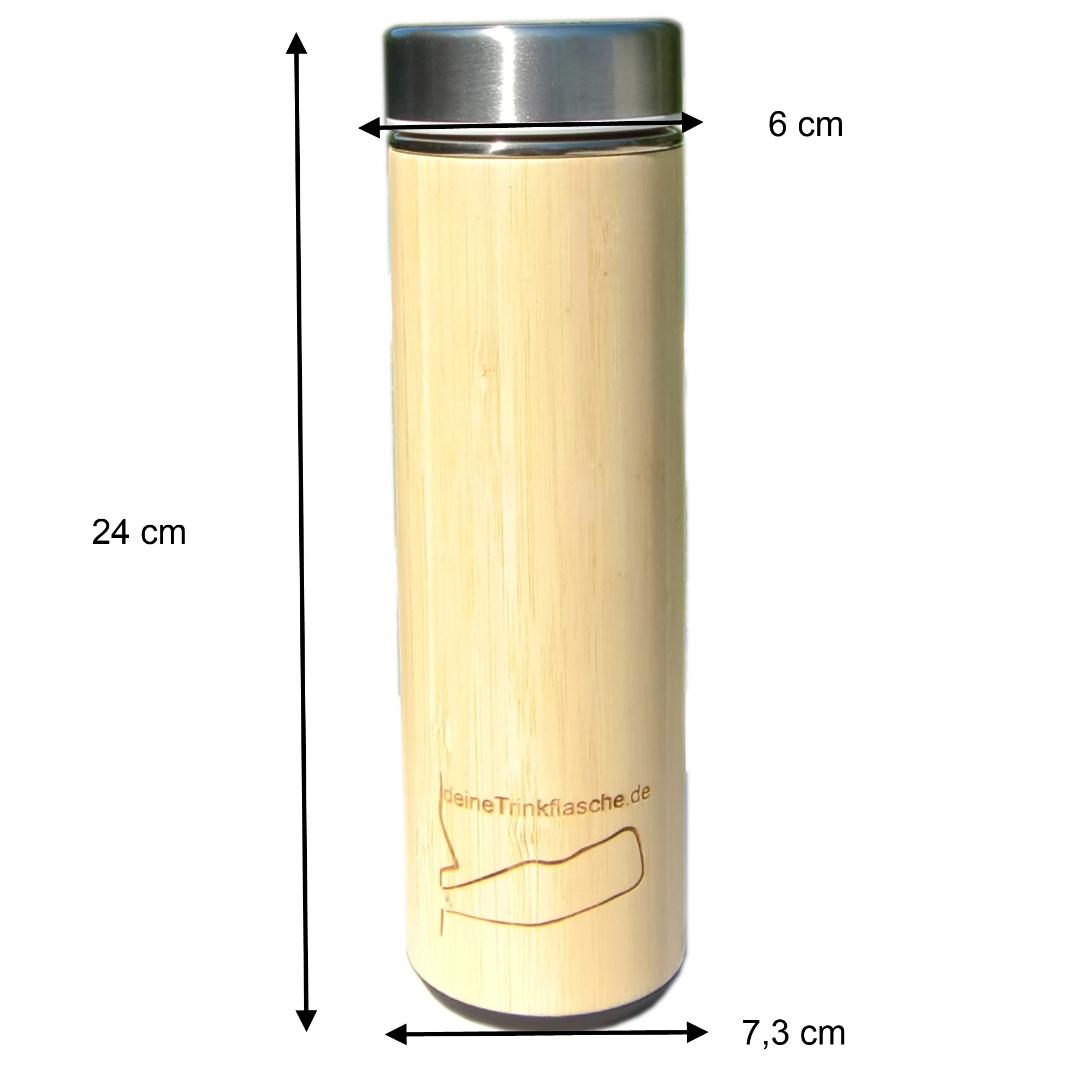 Thermosflaasche mit holzmantel mit Maßen, 24cm hoch, zylindrisch und 7,3cm breit