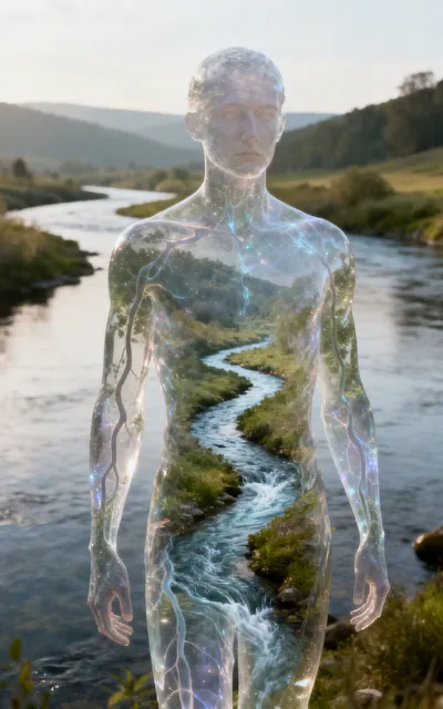 im Hintergrund sieht man einen Fluss, im Vordergund eineen Menschen der aus Wasserbesteht und durch den ein Fluss fliest