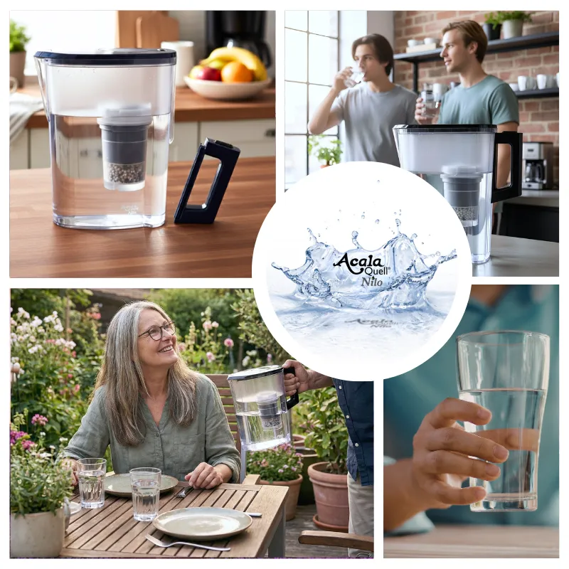 Collage mit verschiedenen Alltagssituationen mit dem Kannenwaserfilter Nilo