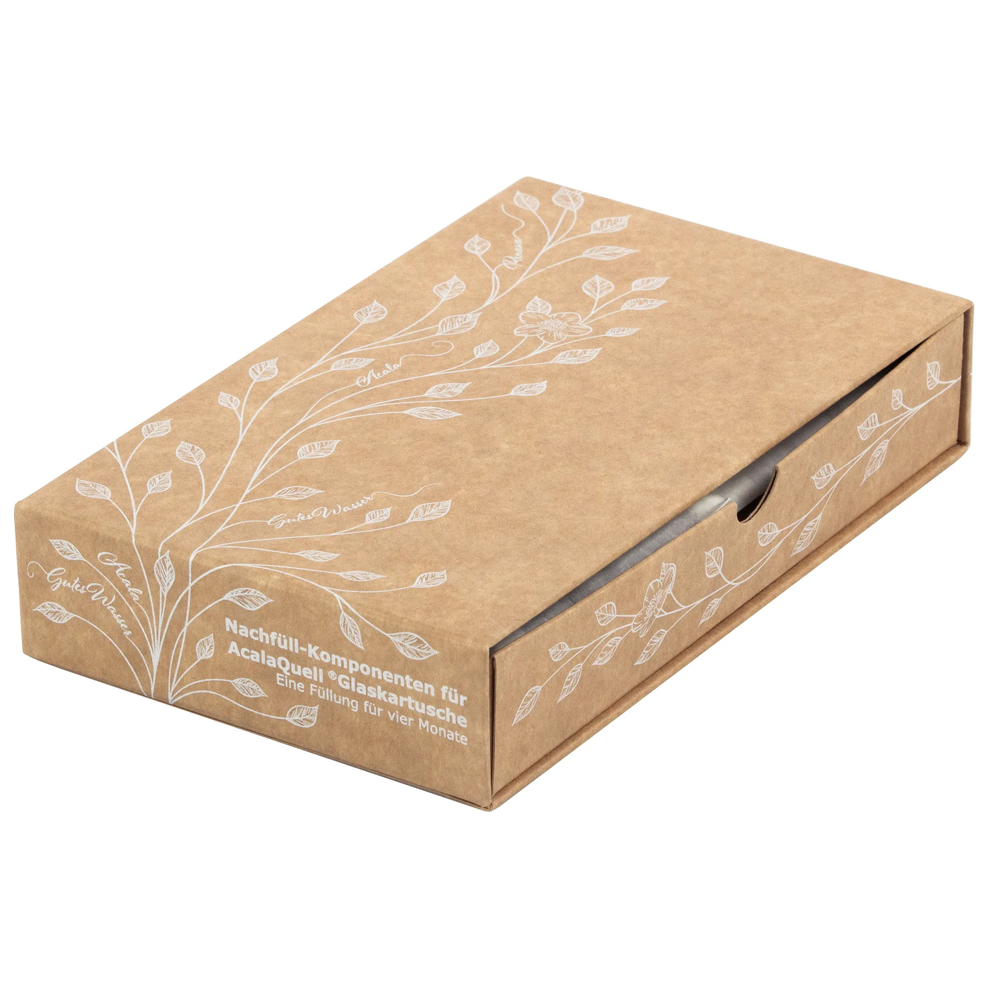 Geschlossene Pappverpackung der Nachfüllkomponenten für die AcalaQuell Glaskartusche.