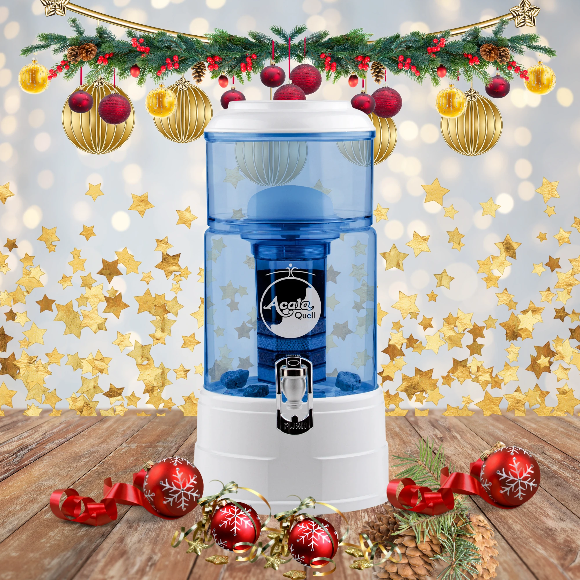 AcalaQuell Mini Stand Wasserfilter blau weiß in weihnachtlicher Atmosphäre.