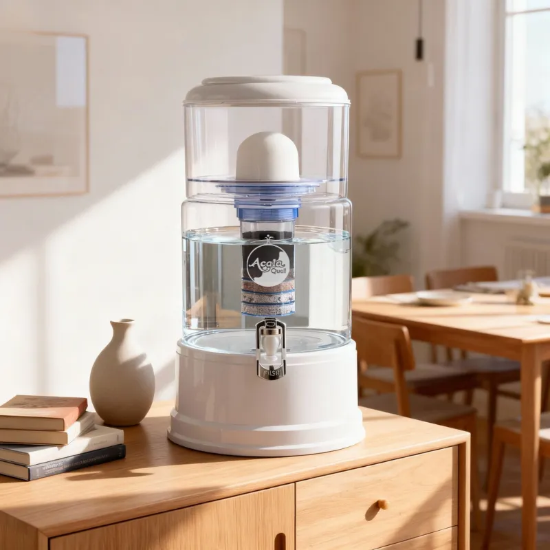 Der Advanced Wasserfilter in Kristallklar steht im Esszimmer auf einer Kommode