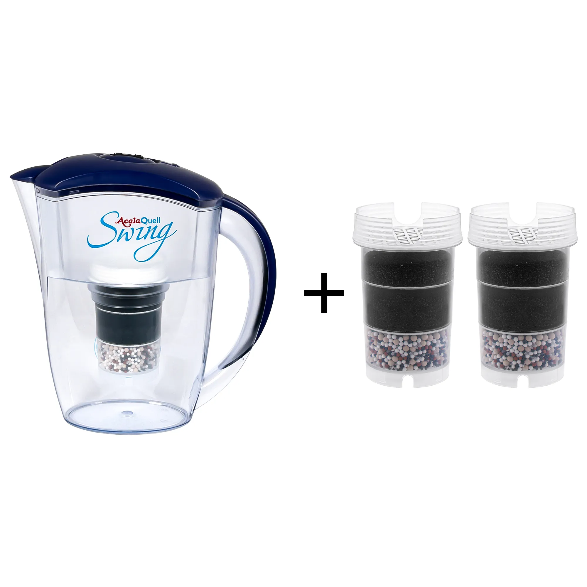 Acala Quell Kannen Wasserfilter Swing mit Deckel und Griff in dunkelblau inklusive einer Filterkartusche und einem Mikroschwamm plus zwei Filterkartuschen. Mit diesem kleinen Einsteigerpaket ist man für ein halbes Jahr versorgt.