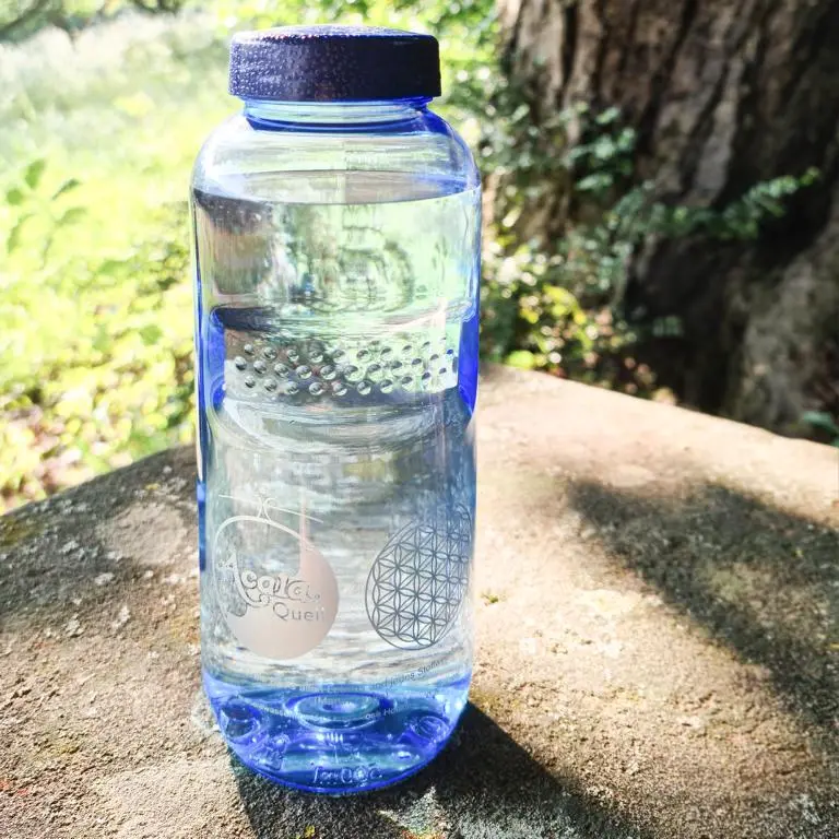 Eine mit Wasser gefüllte Tritan Trinkflasche Grip 0,5L in blau mit blauem Schraubdeckel auf einem Stein im Wald.
