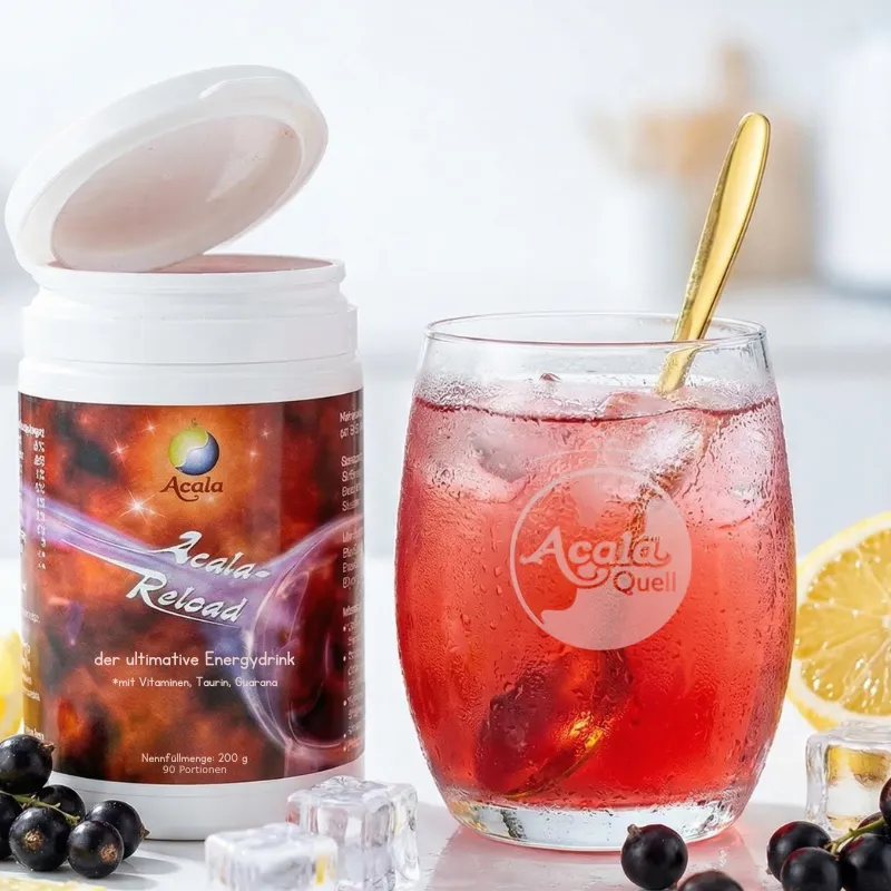 Zum auf Dose mit Reload Und einem Glas mit angerührtem Reload in Himbeerrot