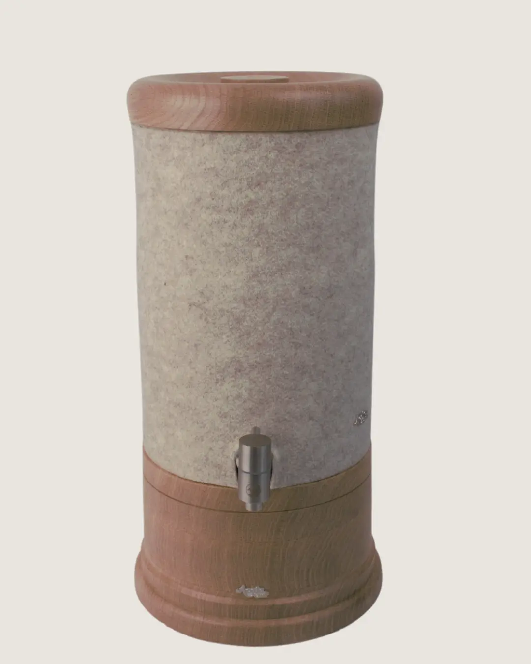 Standwasserfilter Mini von Acala mit Eiche Echtholz Deckel und Sockel und Schurwolle Lichtschutz in beige.