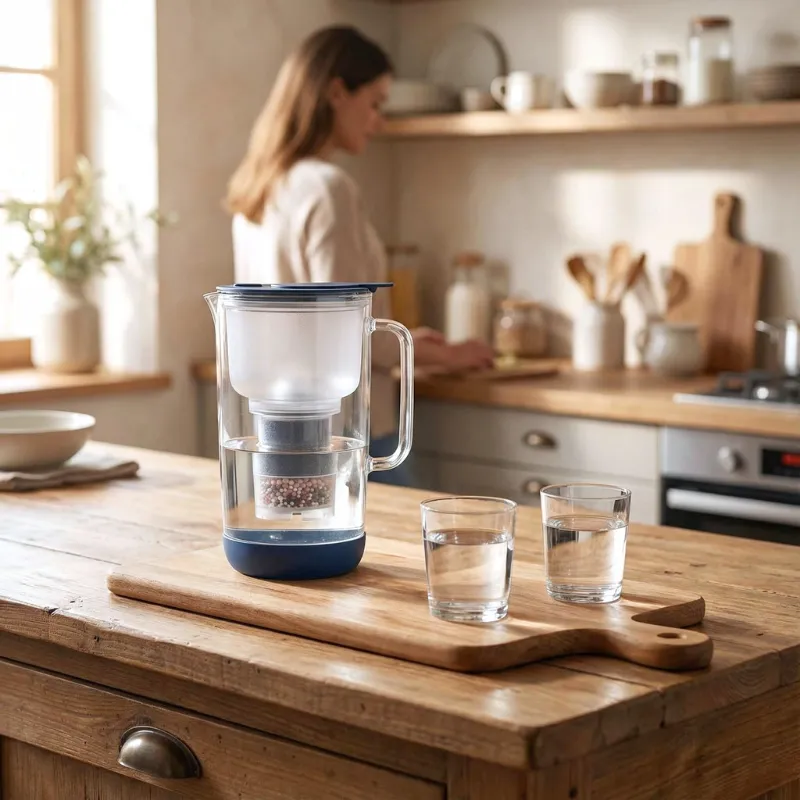 Im Vordergrund steht der Wasserfilter Mira aus Glas Daneben 2 Wassergläser mit Wasser im Hintergrund ist eine Frau die etwas schneidet
