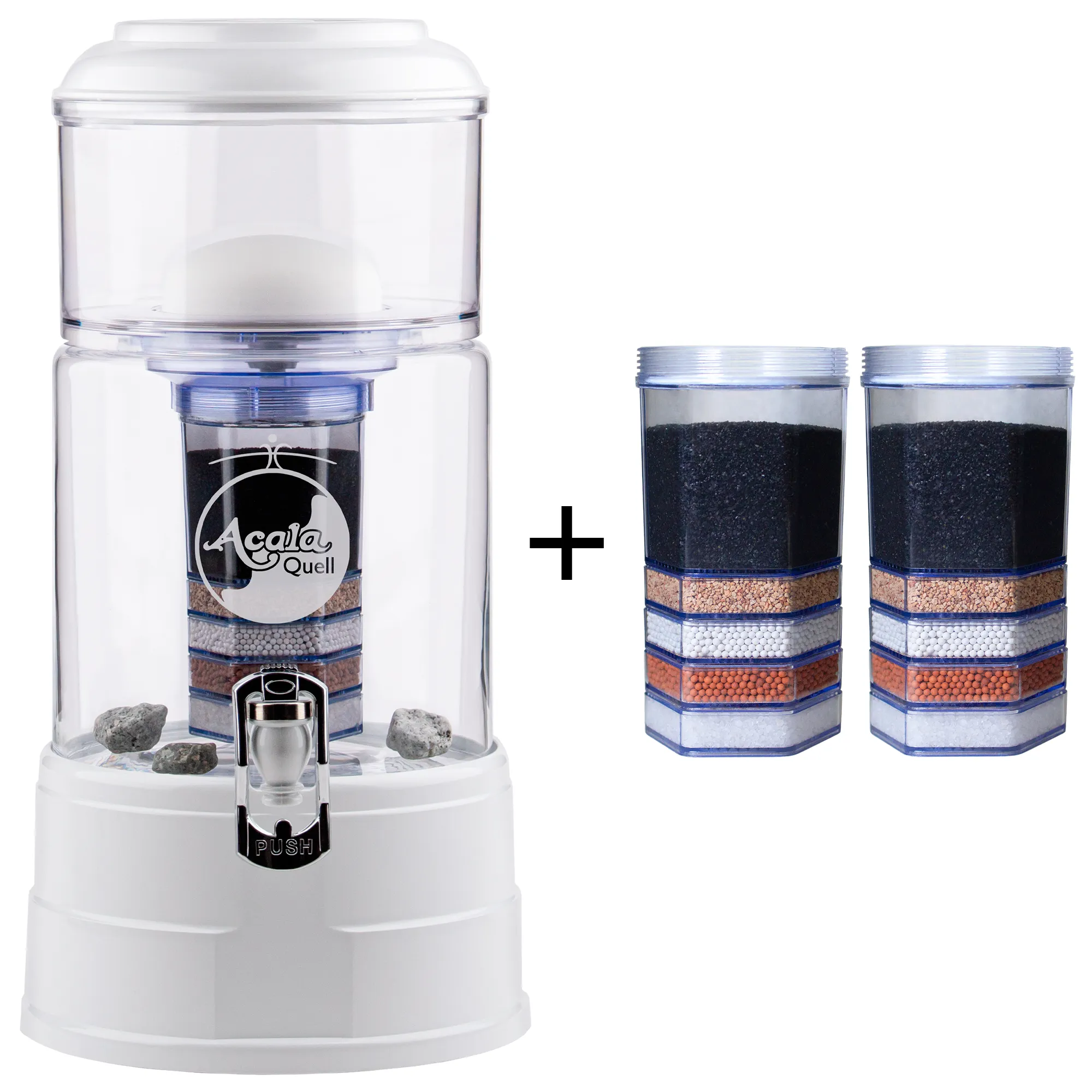 Einsteigerpaket AcalaQuell® Mini Kristallklar/Weiß Zu sehen ist der Acala Wasserfilter Mini in kristallklar-weiß inklusive einer Filterkartusche und einem Keramikfilter. Zusätzlich sieht man zwei Filterkartuschen. Das Bild zeigt das Einsteigerpaket für ein Jahr.