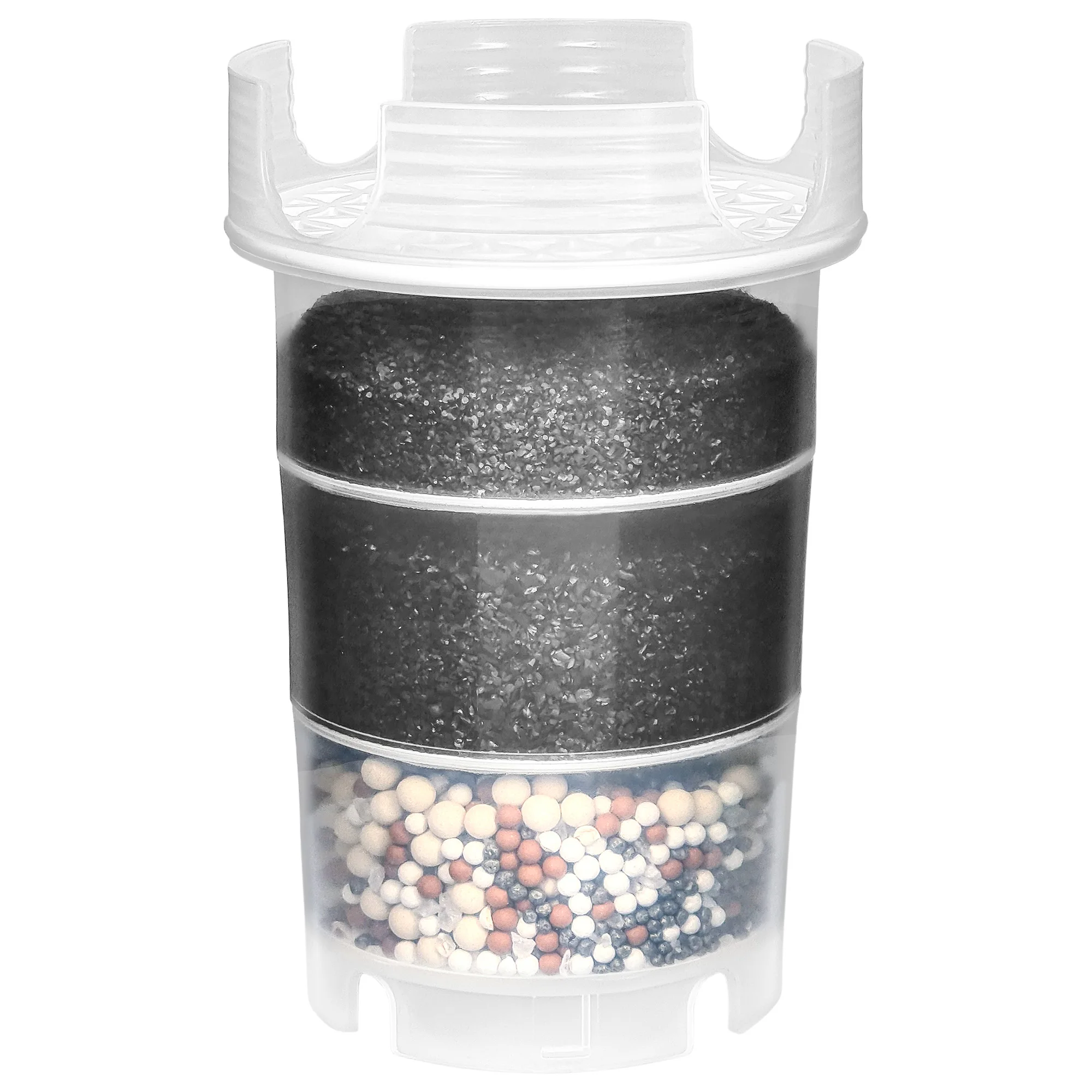 Eine Filterkartusche für AcalaQuell Kannenwasserfilter ONE, Swing, Wassetto, Silizia und Sunny vor weißem Hintergrund. Sie besteht aus 3 Schichten. Unter der Kartuschenkrone sind 2 Aktivkohleschichten und die letzte Schicht ist die ReNaWa-Technologie.