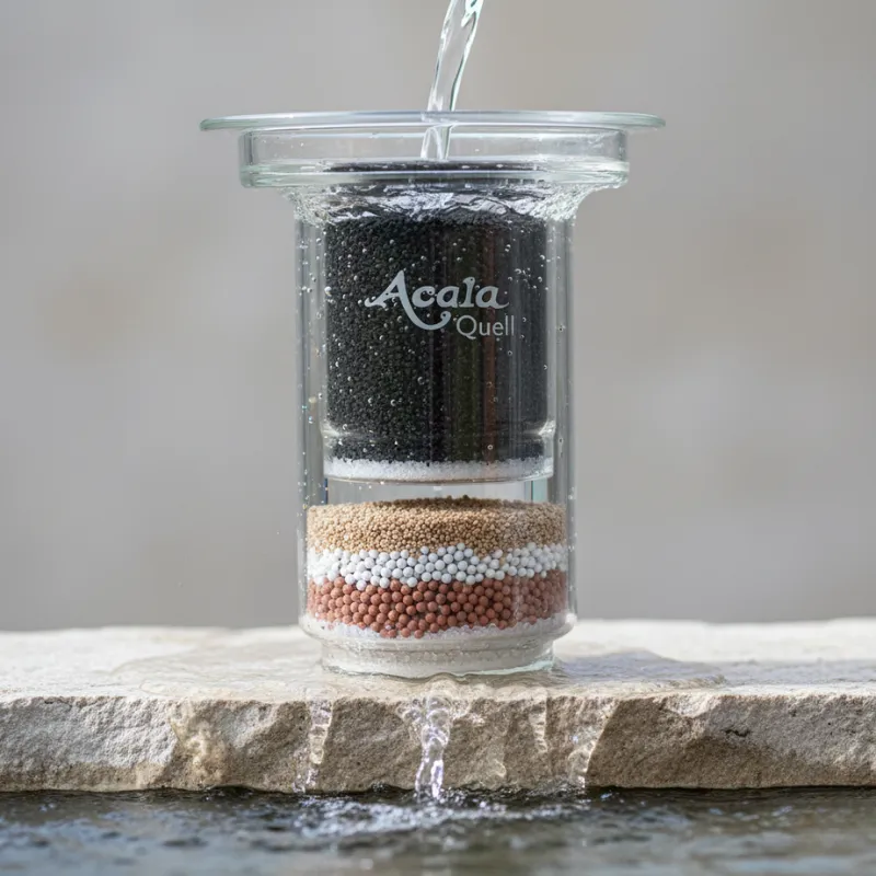 Glaskartusche auf Stein,Wasser fließt hindurch