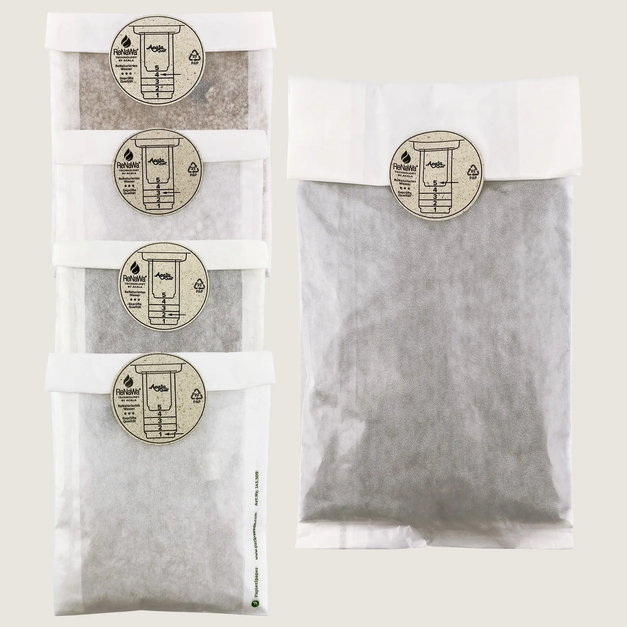 ReNaWa-Nachfüllkomponenten für die Acala Glaskartusche in fünf separaten Beuteln, heller Hintergrund.