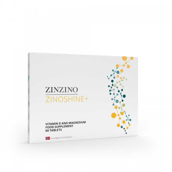 ZinoShine+ Vitamin D und Magnesium Zu sehen ist ein flacher Karton. Das Bild zeigt das Nahrungsergänzungsmittel von Zinzino Zinoshine+. Es ist ein Nahrungsergänzungsmittel welches unter anderem Vitamin D und Magnesium enthält.