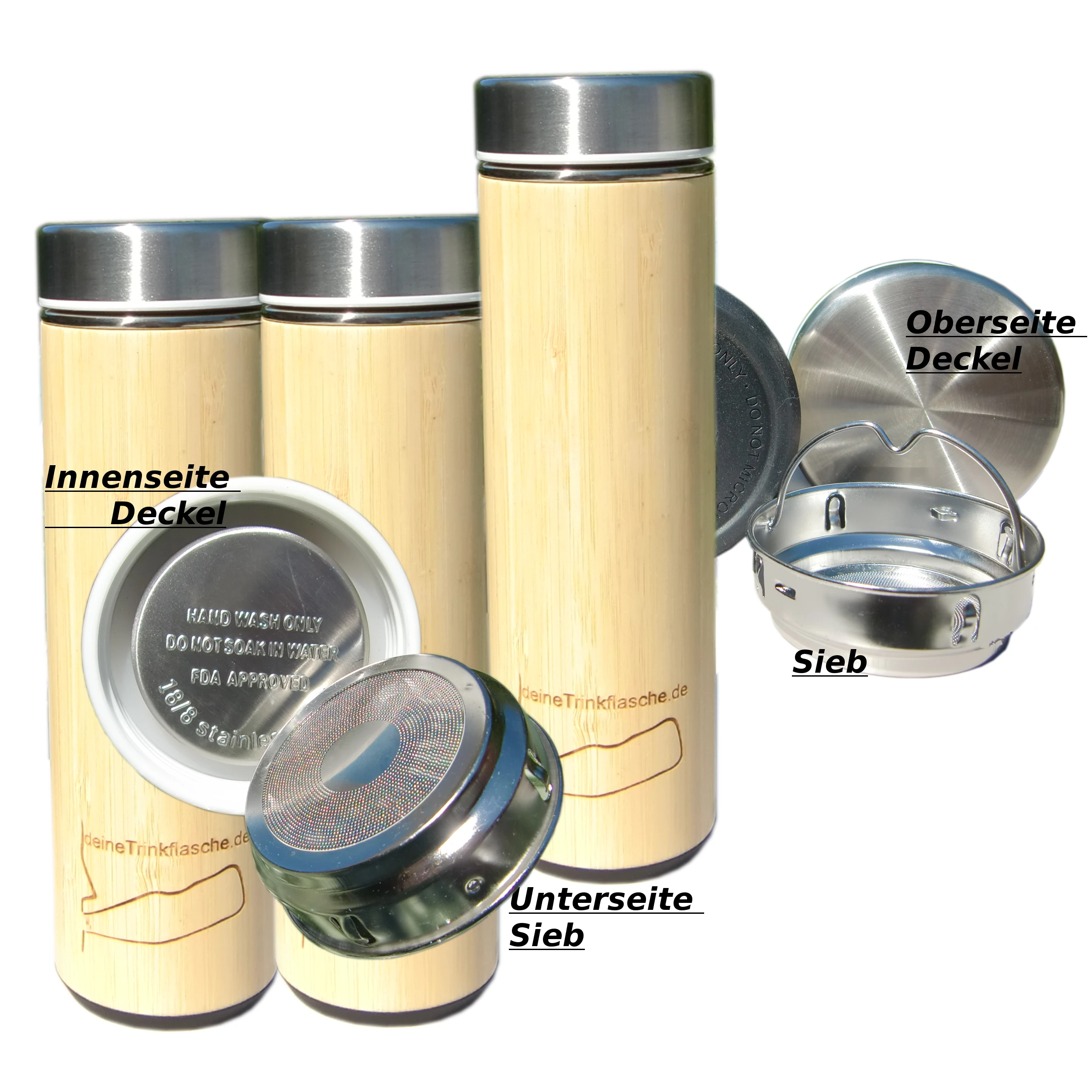 Thermosflasche mit Holzmantel, es sind die Deckel von innen,außen und das enthaltene Sieb zu sehen