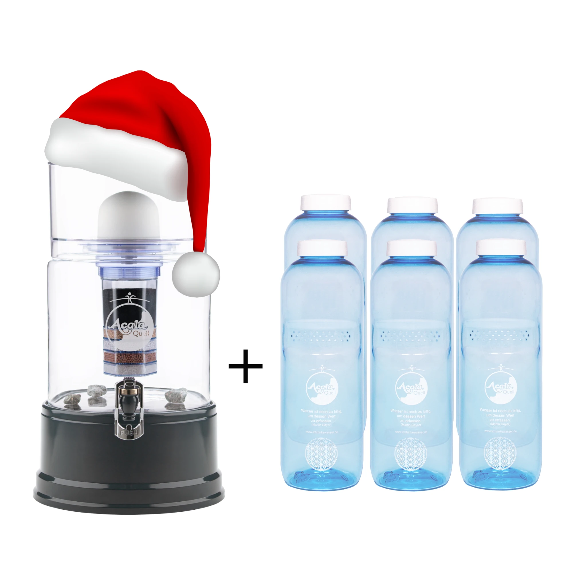 Standwasserfilter von Acala mit Glastank in kristallklar, Deckel, Sockel und Wasserhahn in anthrazit. Daneben sechs blaue Tritan Trinkflaschen mit weißem Schraubdeckel. Der Filter hat eine Weihnachtsmann Mütze auf. Das Bild zeigt ein Weihnachtsangebot.