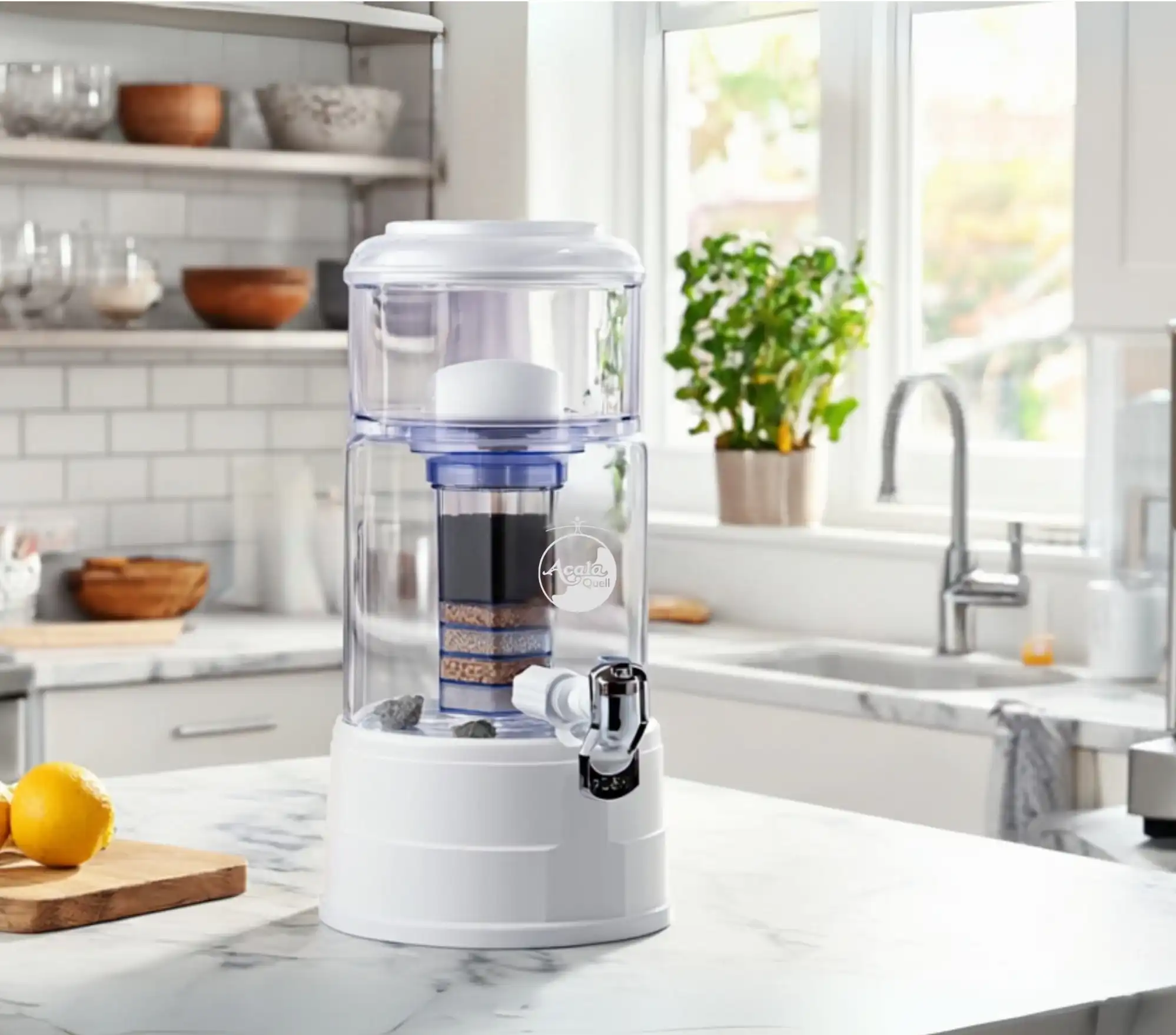 Kompakter Wasserfilter mit 5-Liter-Glastank in kristallklarer Ausführung, für frisches Trinkwasser ohne Stromanschluss.