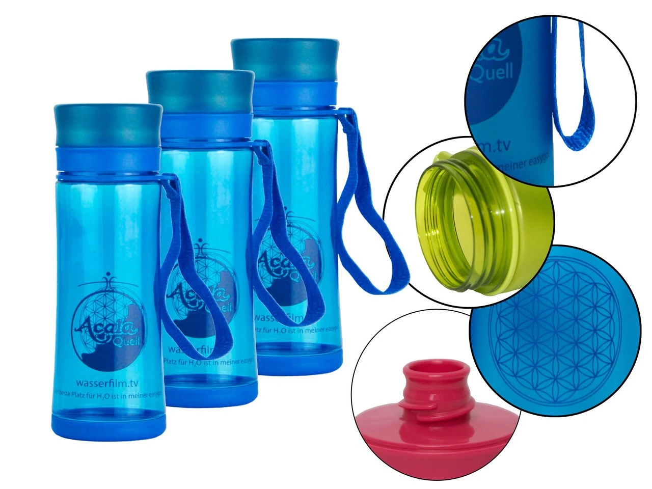 Zu sehen sind 3 blaue Tritan Trinkflaschen mit blauem Schraubdeckel und blauem Bändchen daran vor weißem Hintergrund. Man sieht die Blume des Lebens und das Acala Logo auf den Flaschen, daneben Details der Flaschen in Großaufnahme in Kreisen.