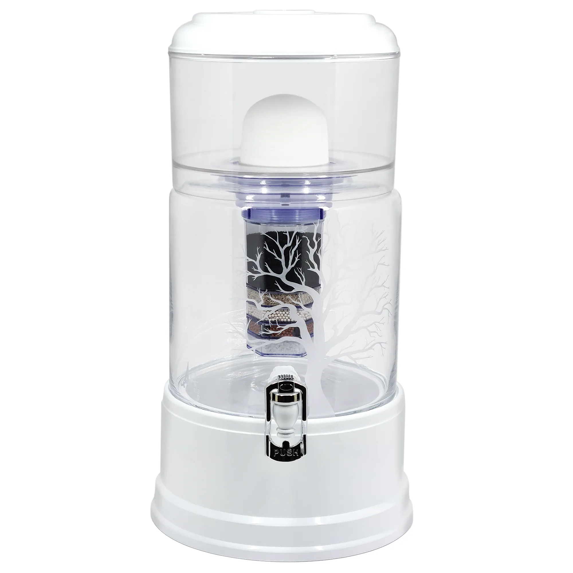 Ein Acala 8LWasserfilter in klarem Glas mit einem gravierten großen Baum ohne Blätter.