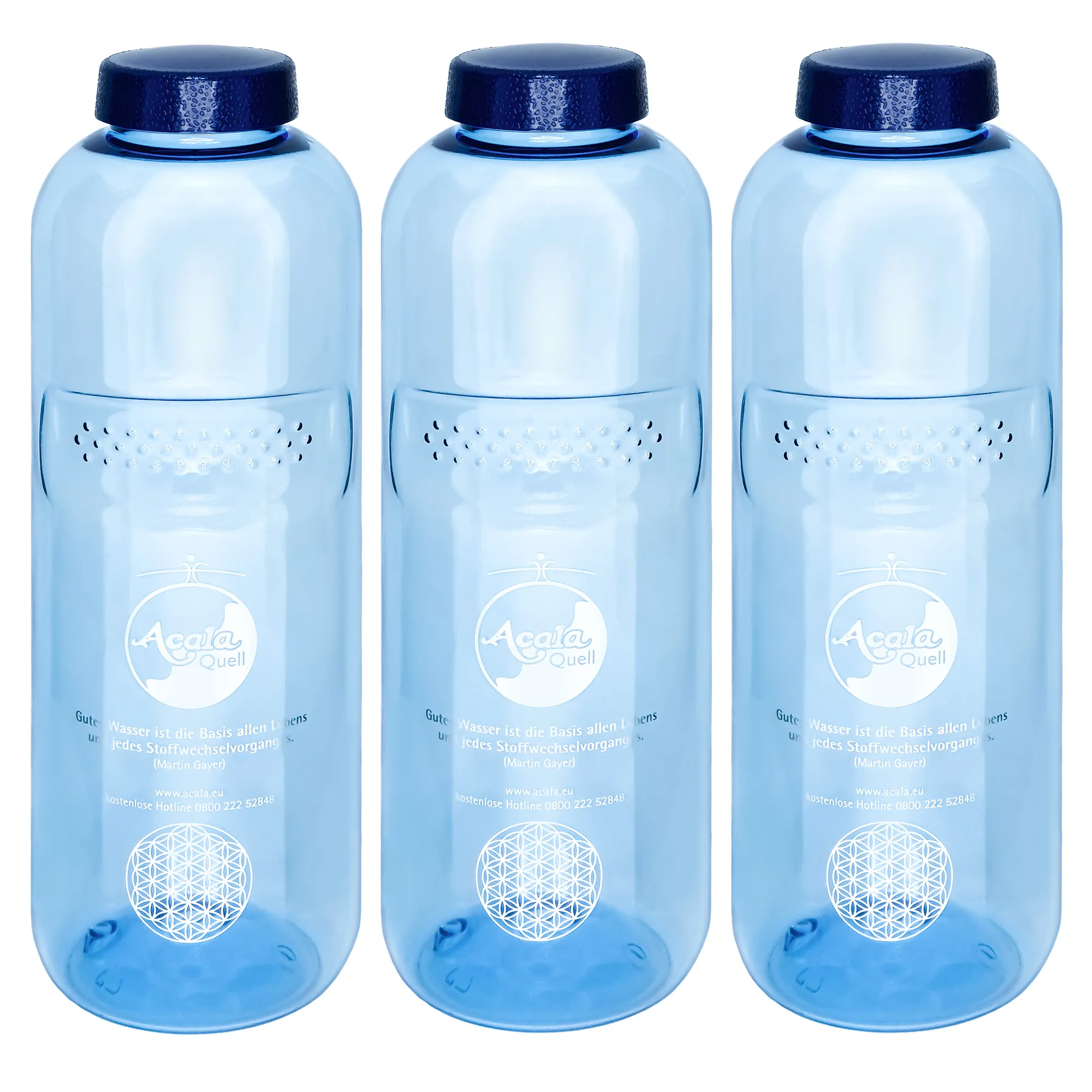3er Set Acala Trinkflasche Grip 1,0 L aus Tritan Drei blaue Tritan Trinkflaschen Grip 1L mit dunkelblauem Schraubdeckel vor weißem Hintergrund.