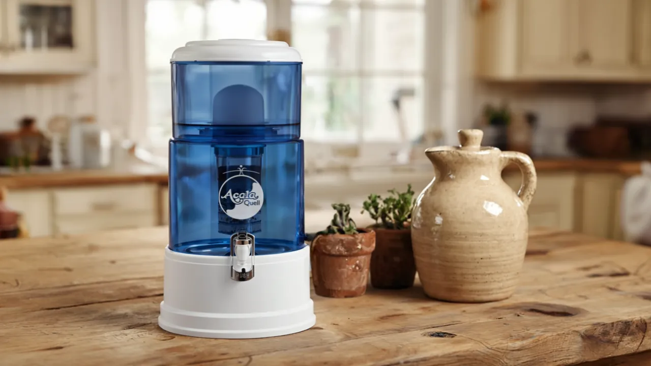Waserfilter mit blauem Glas in schöner, rustikaler Küche