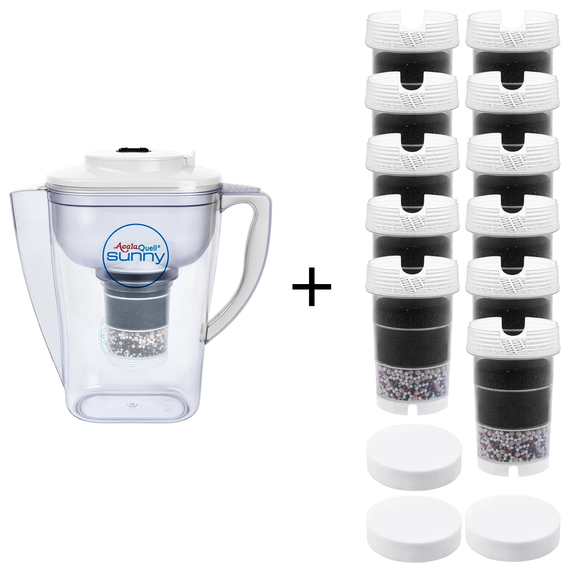 AcalaQuell® Sunny - großes Einsteigerpaket Acala Quell Kannen Wasserfilter Sunny mit Deckel und Griff in weiß inklusive einer Filterkartusche und einem Mikroschwamm plus elf Filterkartuschen und 3 Mikroschwämme. Mit diesem großen Einsteigerpaket ist man für zwei Jahre versorgt.
