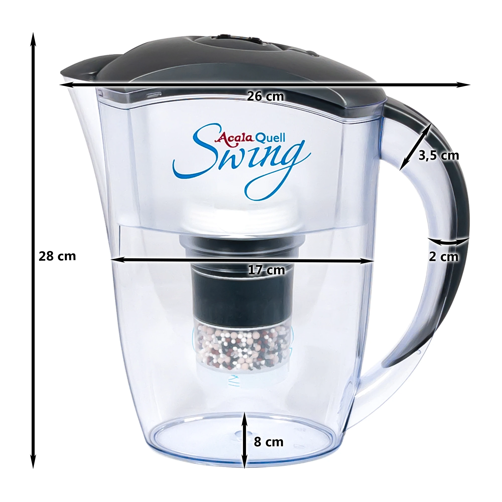 Zu sehen ist der Kannenfilter Swing inklusive einer Filterkartusche und einem Mikroschwamm mit Deckel und Griff in anthrazit, weißer Hintergrund. Man schaut frontal auf den Filter und sieht den Aufdruck AcalaQuell Swing. Am Filter sind Pfeile mit Maßen.