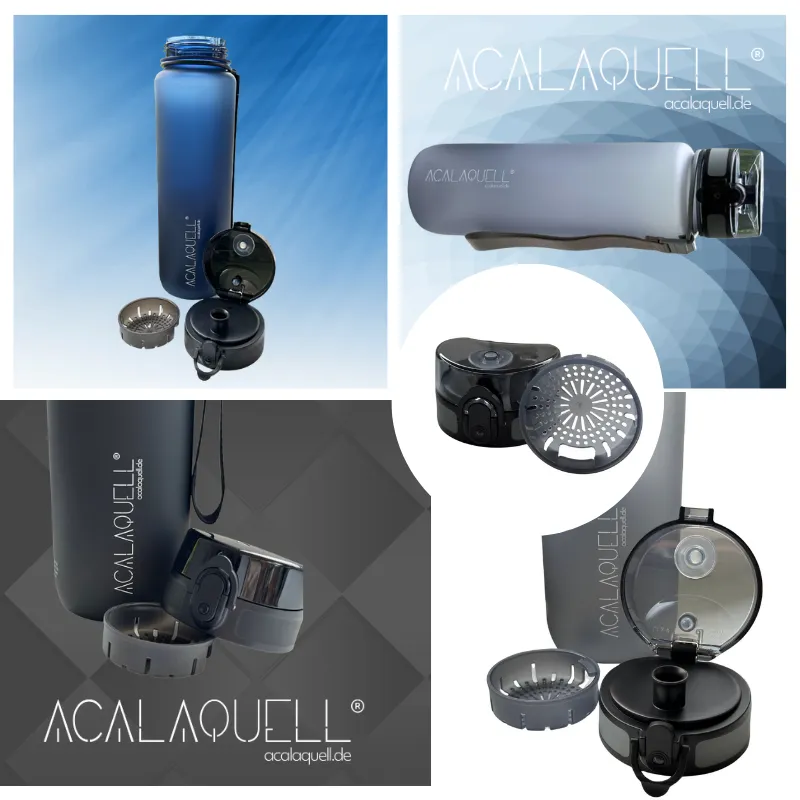 AcalaQuell TravelGo collage aus den drei Farben, schwarz, blaue,blaugrau der Tritanflasche Travelgo