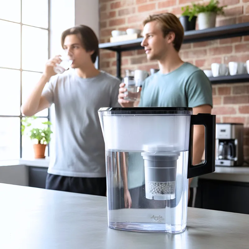 Zwei junge Männer genießen ein Glas Wasser, im Vordergrund steht die Wasserfilterkanne Nilo