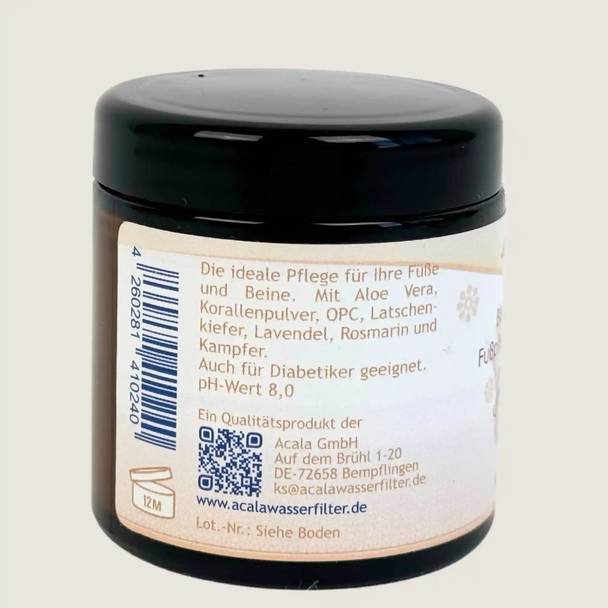 Das Etikett mit allen Inhaltsstoffen Die Rückseite des Glases der Fusspflege Sonja