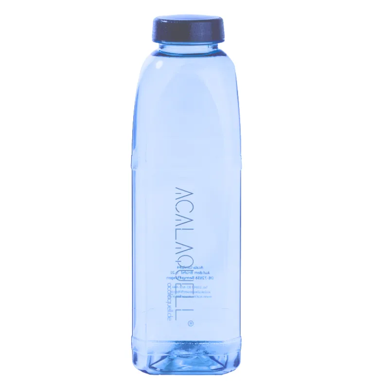 Einzelne Tritane Flasche Viereckig also 8 Kanten In blau Fassungsvermögen ein Liter mit dem neuen Logo Von Acala