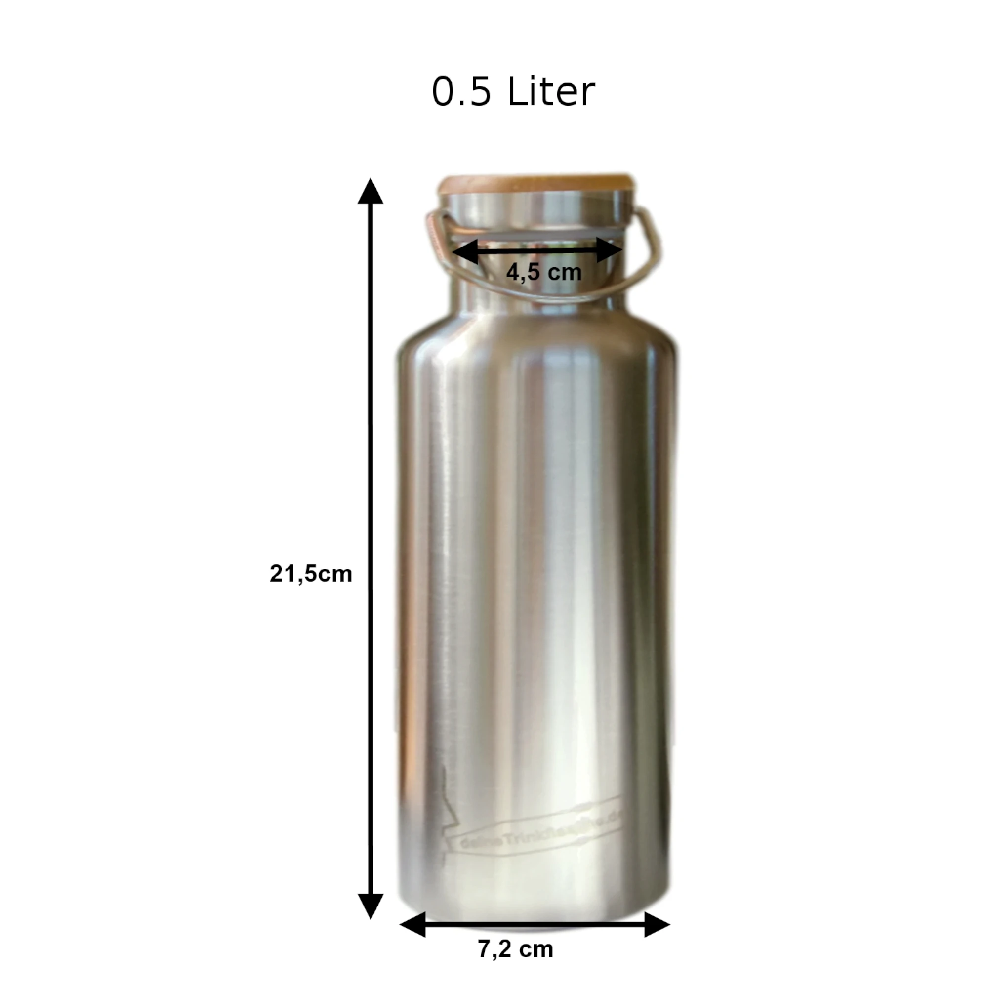 Silberne Thermosflasche aus edelstahl mit Maßen, 21.5cm hoch und 7,2cm breit