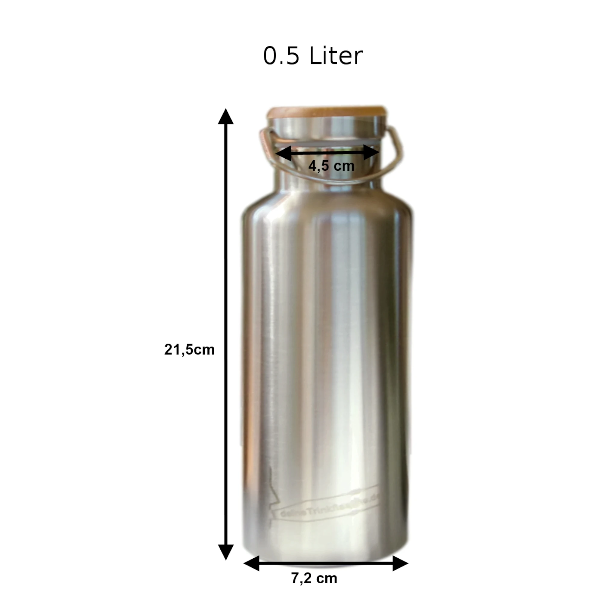 Silberne Thermosflasche aus Edelstahl mit Maßen, 21.5cm hoch und 7,2cm breit. Weißer Hintergrund.