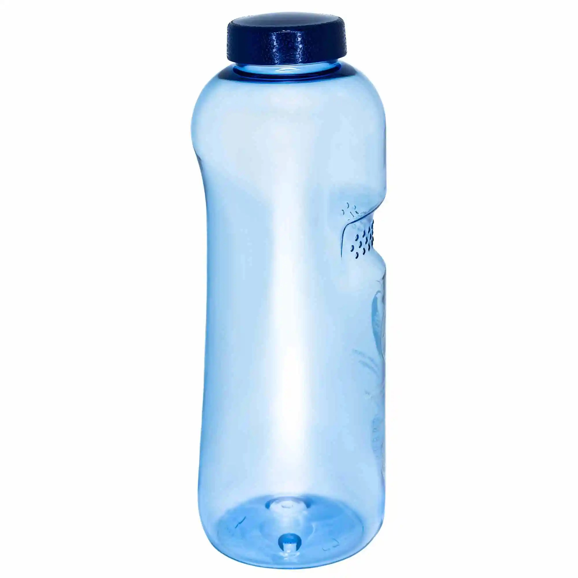 Eine blaue Tritan Trinkflasche Grip 1L mit dunkelblauem Schraubdeckel vor weißem Hintergrund.