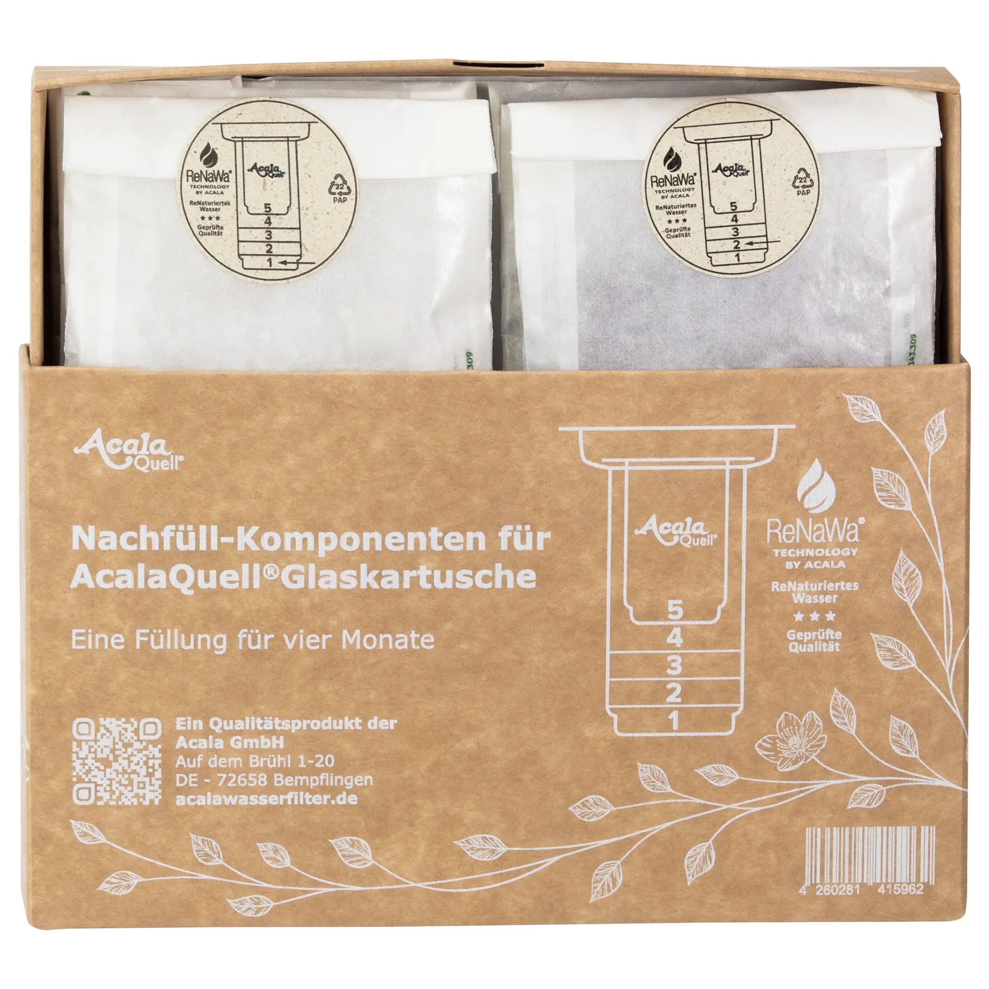 Verpackungskarton mit Beuteln darin für die ReNaWa Nachfüll-Komponenten der Glaskartusche für Acala Stand Wasserfilter.