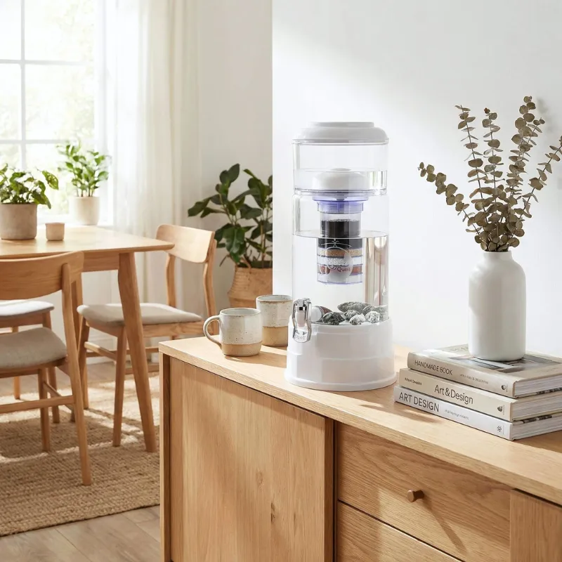 Der Standwasserfilter Midi steht auf einem Sideboard im Esszimmer