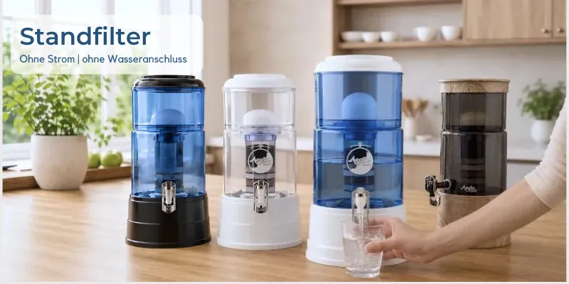 Eine Küche mit 4 verschiedenen Standfiltermöglichkeiten und einer Person die sich gerade ein Glas Wasser zapft
