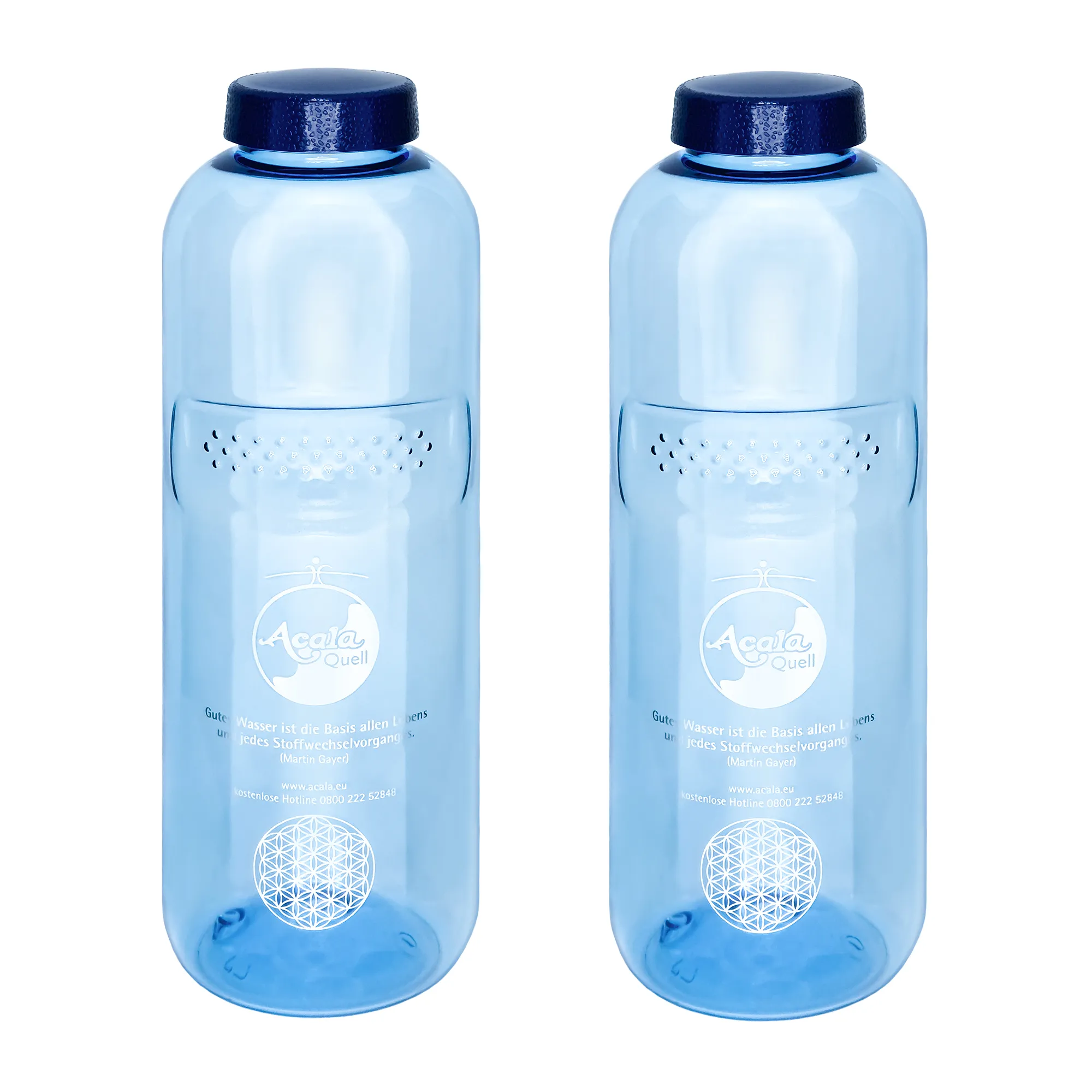 2er Set Acala Trinkflasche Grip 1,0 L aus Tritan Zwei blaue Tritan Trinkflaschen Grip 1L mit dunkelblauem Schraubdeckel vor weißem Hintergrund.