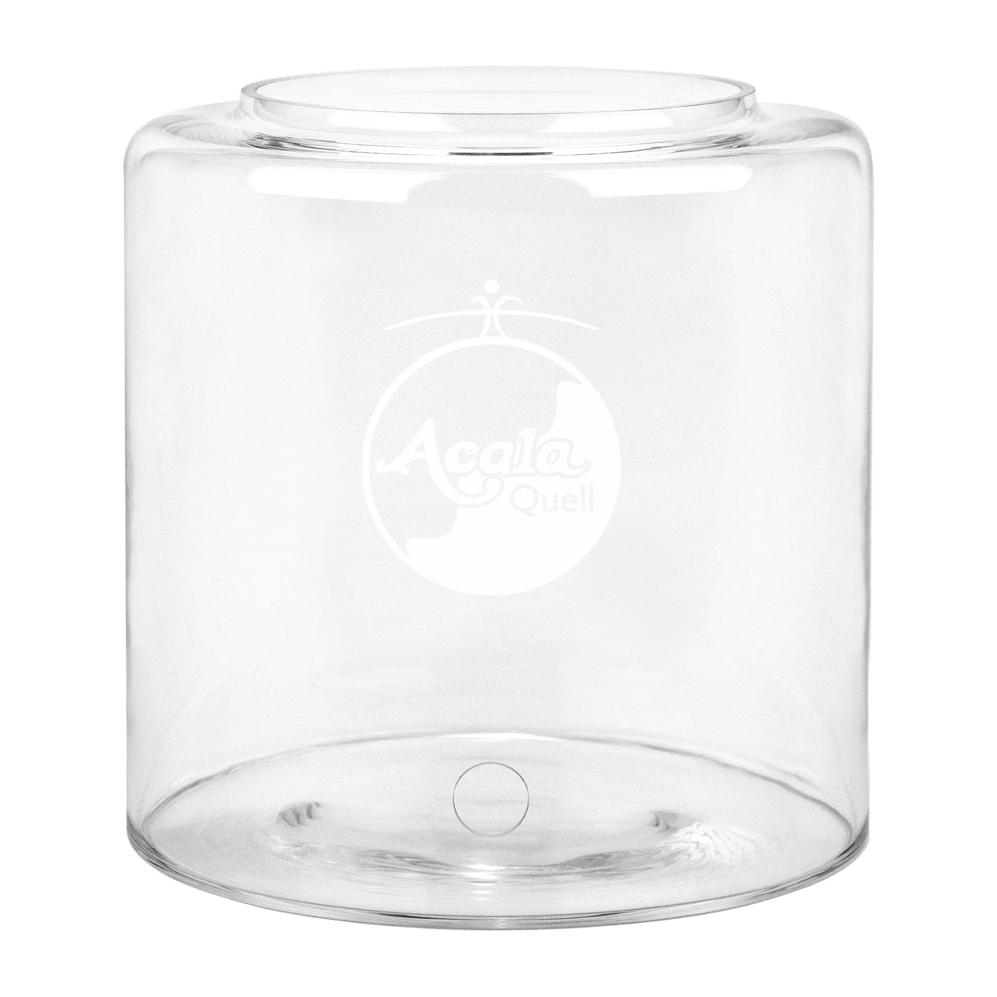 Zu sehen ist ein 5L Glastank für den Acala Stand Wasserfilter Mini in kristallklar vor weißem Hintergrund. Er hat ein Bohrloch für den Wasserhahn und darüber sieht man das AcalaQuell Logo in weiß, welches auf den Tank graviert ist.
