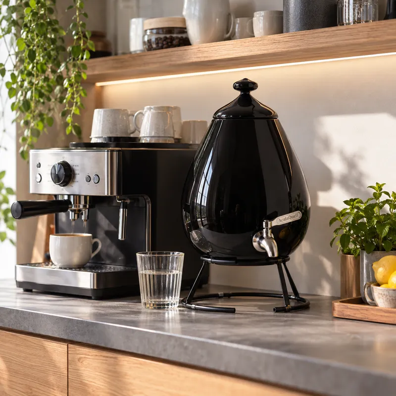 Das Onyx schwarze Porzellanei Neben einer Kaffeemaschine Auf einer Kaffeebar