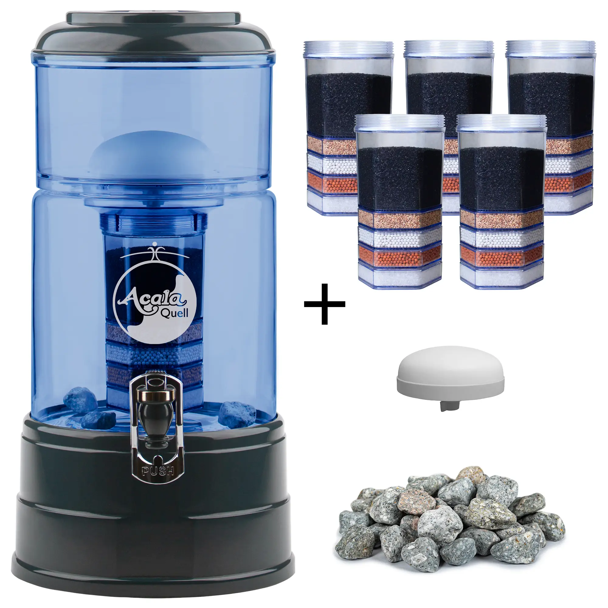 großes Einsteigerpaket AcalaQuell® Mini blau/anthrazit Zu sehen ist der Acala Mini in blau-anthrazit inklusive einer Filterkartusche und einem Keramikfilter. Zusätzlich sieht man 5 Filterkartuschen, einen Keramikfilter und einen Haufen Mineralsteine. Man sieht das große Einsteigerpaket für zwei Jahre.