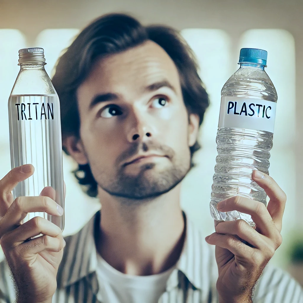 Junger Mann hält in jeder Hand eine Plastikflasche und schaut nachdenklich. Auf der einen Flasche steht Plastik, auf der anderen steht Tritan. Ist Tritan auch Plastik?