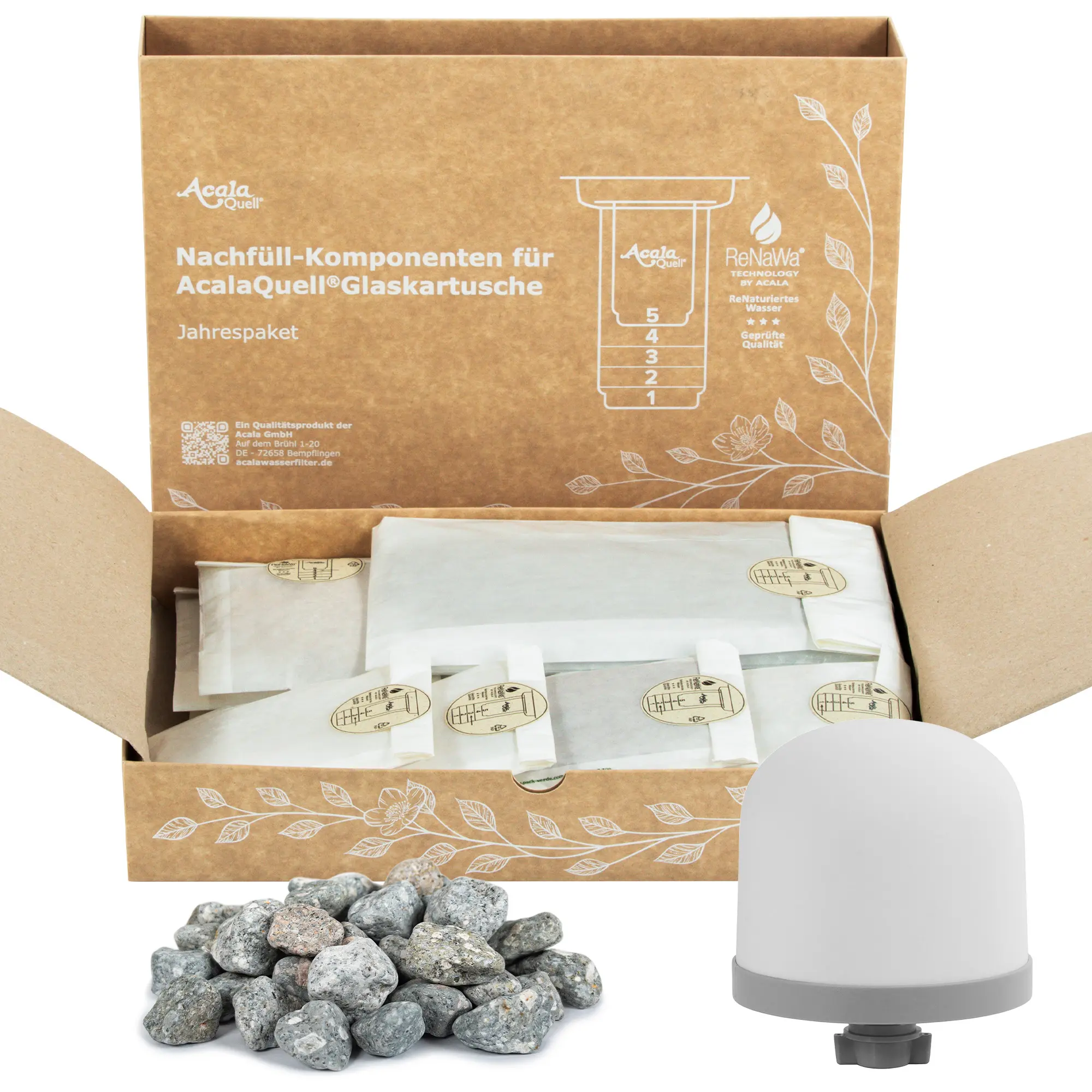 Jahrespaket Glaskartusche AcalaQuell® Smart/Grande/Luna Jahrespaket für die Acala Filterkartusche aus Glas. Ein Karton mit ReNaWa-Nachfüllkomponenten, ein Keramikfilter und Mineralsteine.