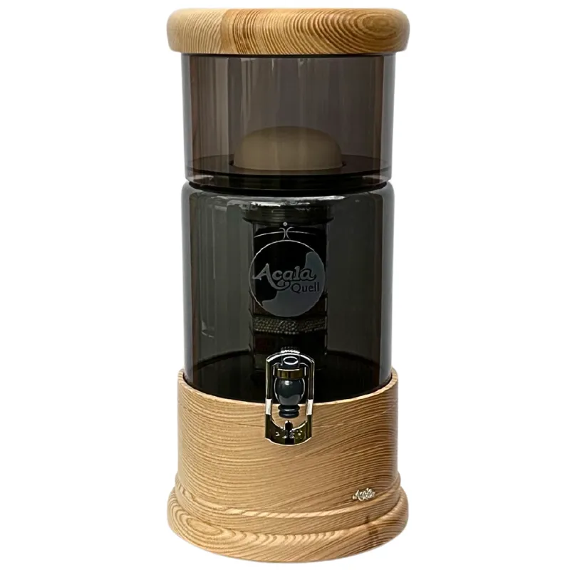 AcalaQuell Mini Wasserfilter mit anthrazitfarbenem Oberbehälter, Glastank sowie rund gearbeitetem Deckel und Sockel aus Eschenholz